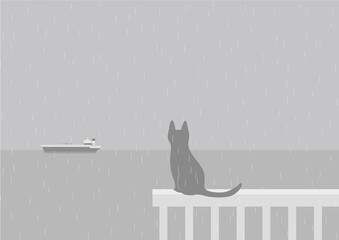 霧雨と黒ネコと水平線のモノクロイラスト.jpg