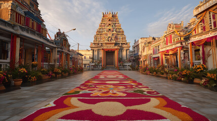 Beautiful Margazhi Festival Kolam Decoration at South Indian Temple Entrance with Vibrant Rangoli and Traditional Celebrations