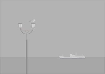 霧雨とカモメと水平線モノクロのイラスト