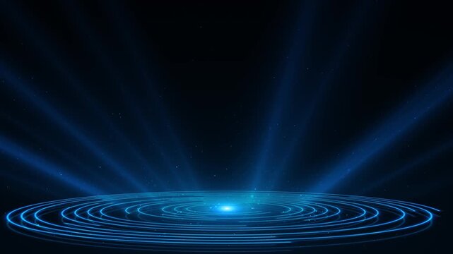Video footage of futuristic round HUD glowing rings radiating light rays across dark digital background, energy of technology, innovation, sci fi data systems, virtual reality, modern interface design