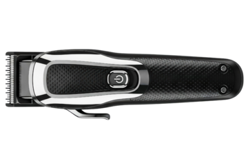 Top-down view of a modern electric cordless hair clipper isolated on a transparent background