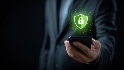 Businessman holds phone with security shield and lock graphic