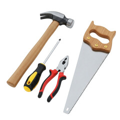 Collection of common hand tools isolated on transparent background