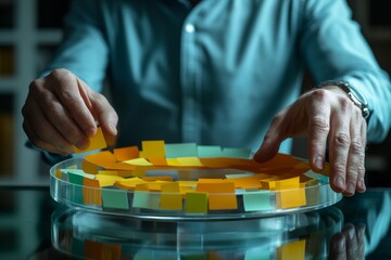 young man playing with colorful plastic blocks, Generative AI