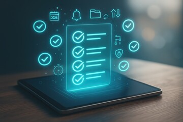 Fototapeta premium A glowing checklist interface hovers over a tablet, highlighted by bright teal outlines and icons, suggesting task management or project overview.