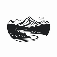 Majestic mountain landscape with river and trees vector illustration silhouette