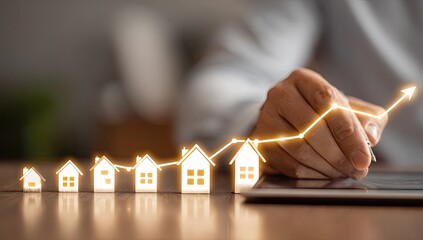 Hand drawing a rising line over growing house models