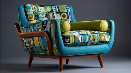 Teal mid-century modern armchair with geometric patterned upholstery
