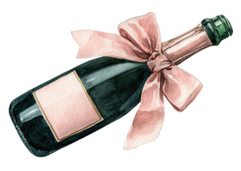 Watercolor illustration of a champagne bottle with a pink ribbon (1)