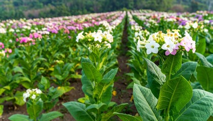 Tobacco plants in rows with blossoms