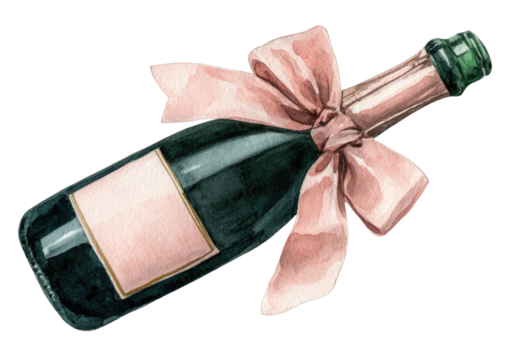 Watercolor illustration of a champagne bottle with a pink ribbon (1)