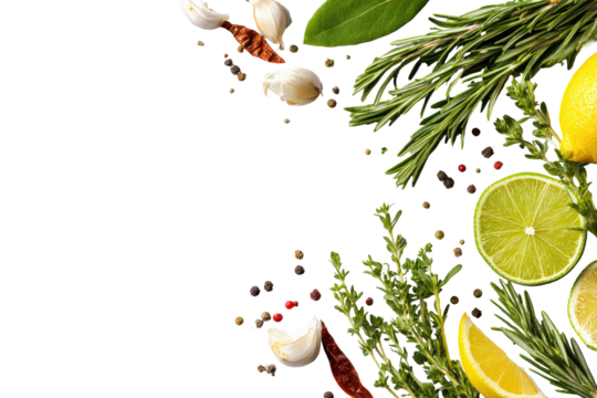 Fresh herbs and citrus with spices