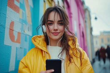 Happy woman using smartphone and earphones while walking in urban street, immersed in music, podcasts, or video calls, Generative AI