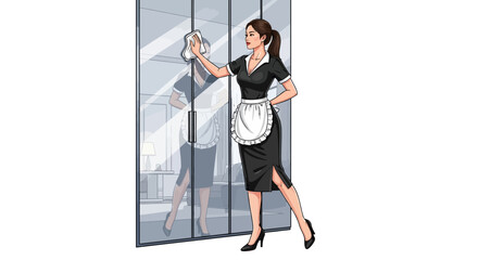 Fototapeta premium Animated maid meticulously cleaning a glass partition in modern interior