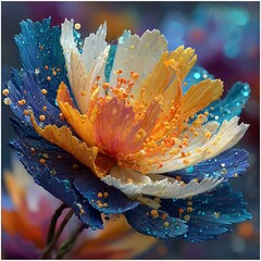 Colorful Abstract Flower with Blue, Orange and White Petals, Isolated for Copy Space 