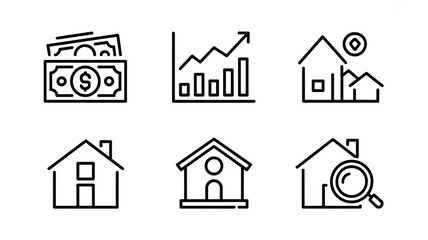 Real estate investment property value growth market analysis and home buying process icons