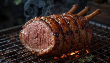 juicy roasted pork tenderloin, sizzling on a charcoal grill, tender and succulent with a crispy, caramelized exterior, garnished with fresh rosemary and coarse sea salt, 4K