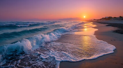 Naklejka premium Wide empty sandy beach with glowing sunrise sky and peaceful horizon, natural blank background for text, calm seascape concept for travel, relaxation and freedom themes