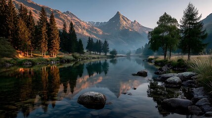 Serene Mountain Landscape with River, Trees and Reflection - Isolated Background for Copy Space 
