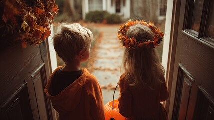 Charming children enjoying autumn outdoor scene with fall foliage vibrant colors seasonal celebration childhood innocence outdoor play friendship autumn leaves outdoor environment