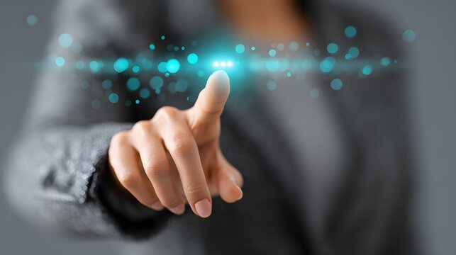 Person touching a virtual interface with the index finger. The glowing effect represents interaction with digital technology - Powered by Adobe