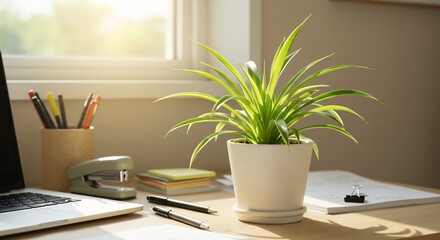 Fototapeta premium 窓辺輝く緑豊か観葉植物 デスク上穏やか日光浴. AI Generated