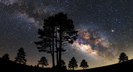 Fototapeta premium 漆黒夜空輝く天の川 シルエットの木々 神秘的風景. AI Generated