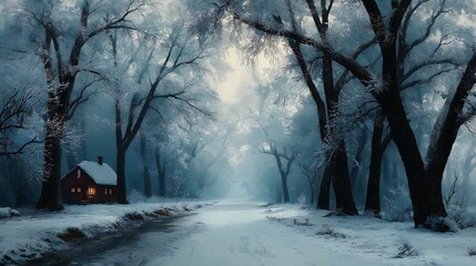 Frosty Winter Forest with Isolated Cabin, Ideal for Copy - Space and Minimalist Design Background 