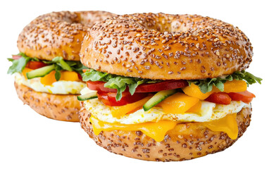 Two sesame seed bagels filled with egg, cheese, vegetables, and arugula transparent background