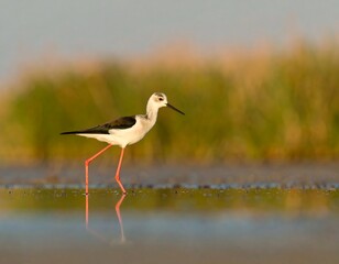 Obraz premium Black winged stilt wading in shallow water with reflection.