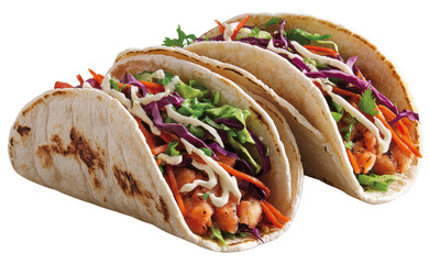 Tasty tacos filled with grilled chicken, fresh vegetables, and creamy sauce transparent