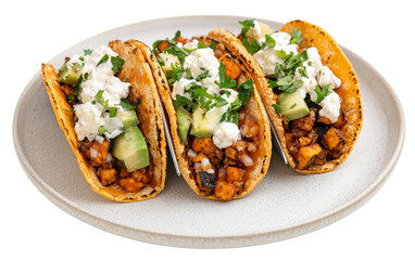 Three delicious tacos filled with seasoned vegetables, avocado, and creamy topping