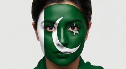 A close-up portrait of a Pakistani woman with the green and white flag of Pakistan painted on her face