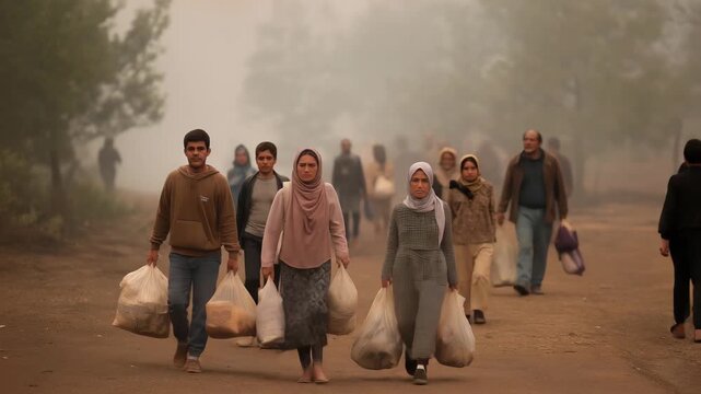 A group of people walking down a road with bags. One of the people is wearing a hoodie. villagers evacuating with bags and belongings, smoky background, emotional documentary Turkey wildfire