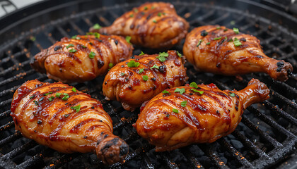 Juicy glazed chicken thighs with fresh herbs on a hot grill, 4K and HD image