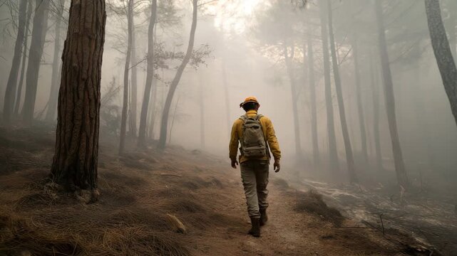 A man wearing a yellow jacket and a backpack is walking through a forest. The forest is foggy. Faceless firefighter walking through dense smoke and burnt trees, documentary muted Turkey wildfire