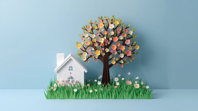 A minimalist paper craft scene featuring a white house, a flowering tree, and grass, creating a serene spring atmosphere.
