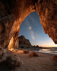 Cave archway, Milky Way, desert, dawn