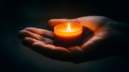 A warm candle flame illuminates a hand, offering a moment of quiet reflection in a dark setting.