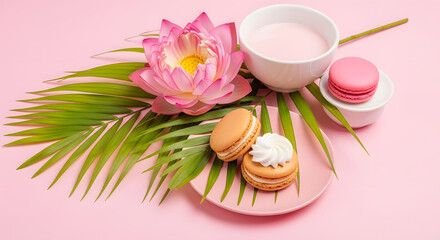 Macaroons with lotus flower and tea cup on pink background, flat lay