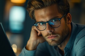 Young serious male businessman wearing glasses sitting in a modern office at the workplace, looking at a laptop screen with concentration and thought as he evaluates business, Generative AI