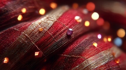 Red and Gold Textile with Sparkling Elements and Bokeh Background for Design Projects 