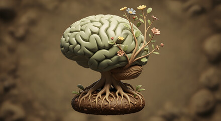 Organic Brain with Roots and Flowers 3D Icon