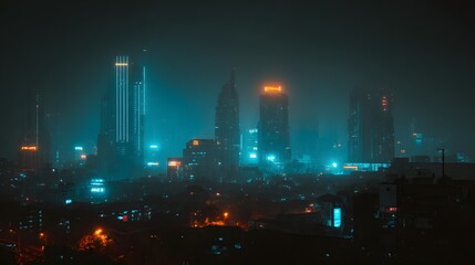 A nocturnal cityscape glows with vibrant teal and amber hues, showcasing modern high-rise buildings shrouded in a misty atmosphere.