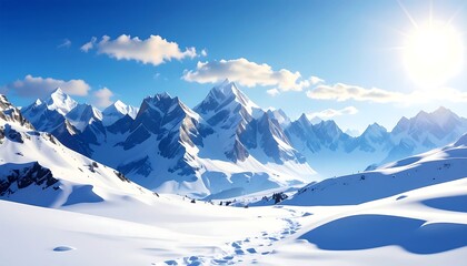 Naklejka premium Snowy mountain range, sunny winter landscape