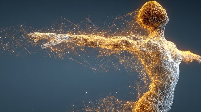 Abstract digital illustration of a figure, composed of glowing lines and points, exuding a sense of freedom and energy.
