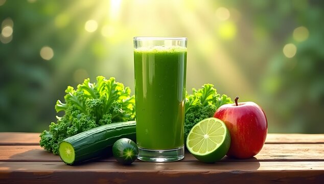 A glass of vibrant green juice sits on a wooden table outdoors, bathed in warm sunlight. The glass is surrounded by fresh ingredients used to make the drink: leafy greens. - Powered by Adobe