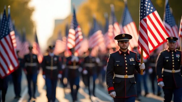 Vibrant Memorial Day Parade Stock Photo: Capture the Patriotic Spirit with Dignified Marching Figures and Celebratory Displays - Perfect for Commemorative Celebrations