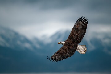 Fototapeta premium Bald Eagle in Flight Against Cloudy Sky with Mountain Background Displays Feather Details