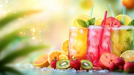 Summer drink concept with vibrant cocktails  on blurred background